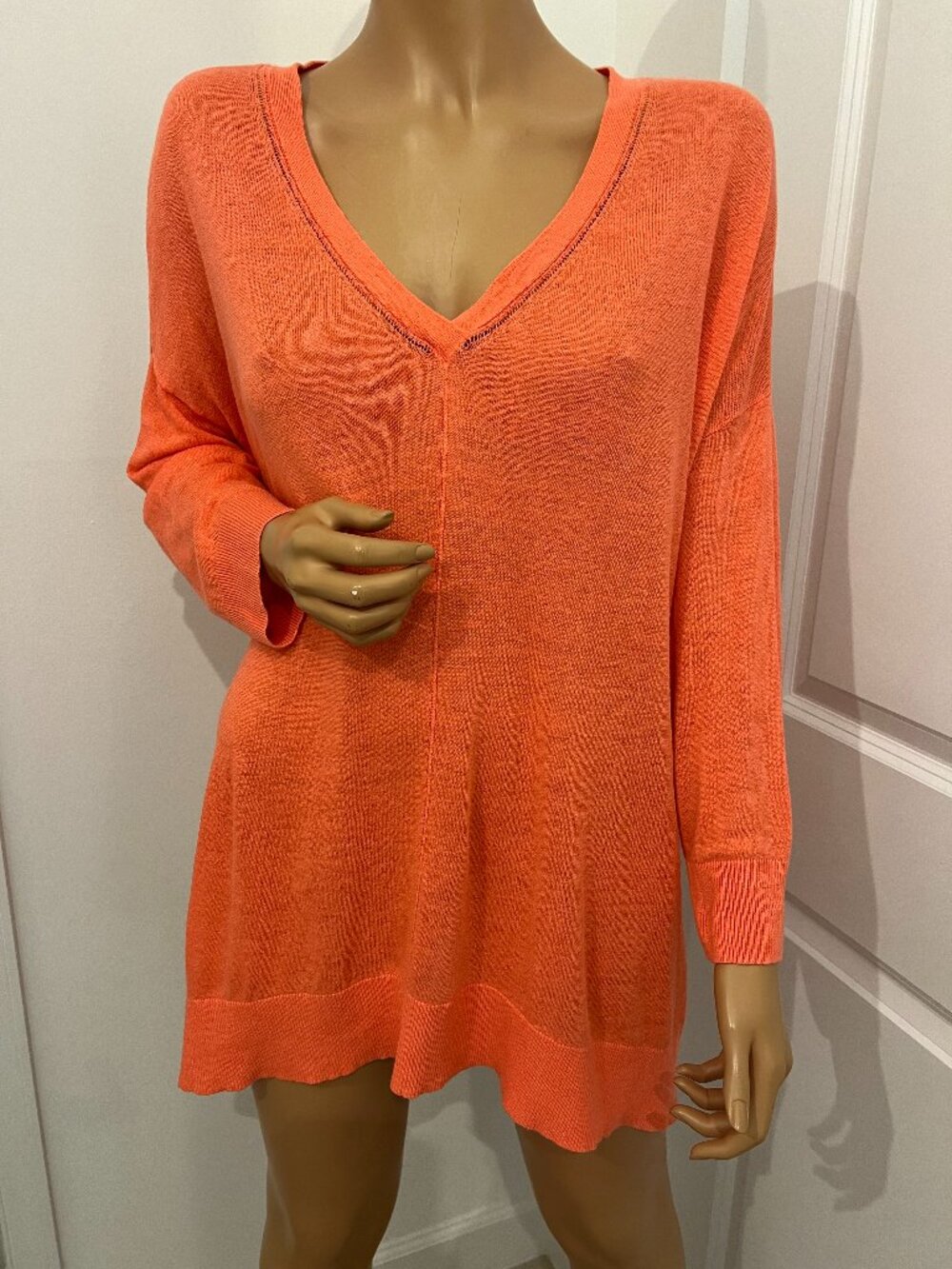 Sejour Coral Linen Blend Tunic Sweater V Neck Lightweight Plus Size 1X